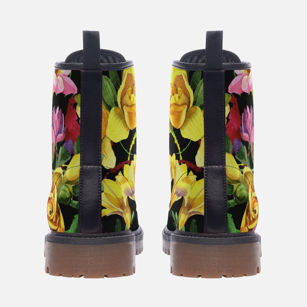 Pink and Yellow Blooms Floral Leather Boots Fleece Fur Boots Pink and Yellow Blooms Floral Leather Boots Fleece Fur Boots