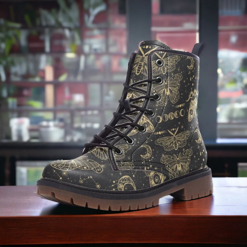 Witchy Celestial Moths Leather Boots Fleece Fur Boots Witchy Celestial Moths Leather Boots Fleece Fur Boots