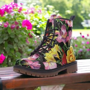 Pink and Yellow Blooms Floral Leather Boots Fleece Fur Boots Pink and Yellow Blooms Floral Leather Boots Fleece Fur Boots